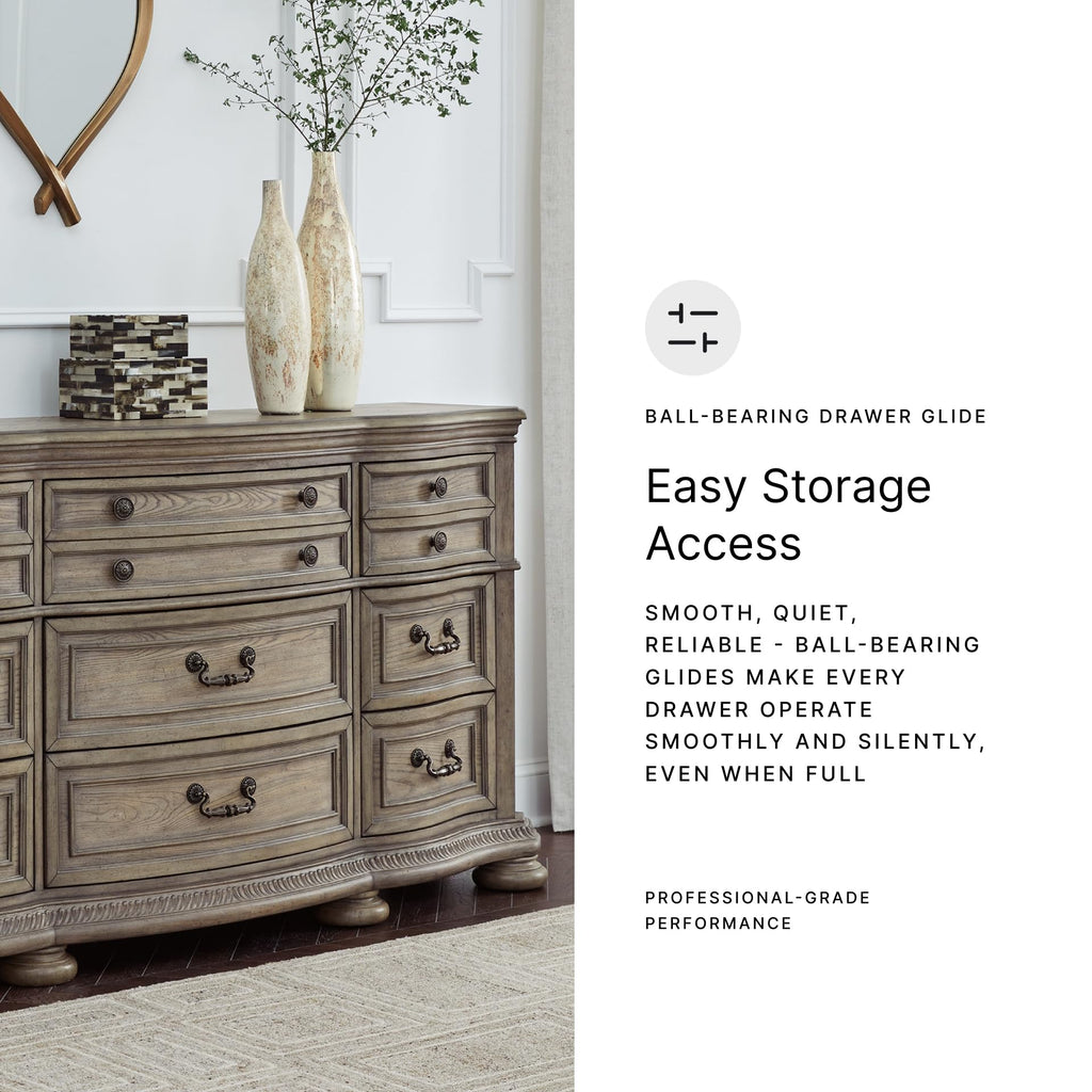 Signature Design by Ashley Ardenfield Traditional Nine-Drawer Dresser with Dovetail Construction, Top Drawers Felt Lined, Metal Hardware, Wood, Light Brown