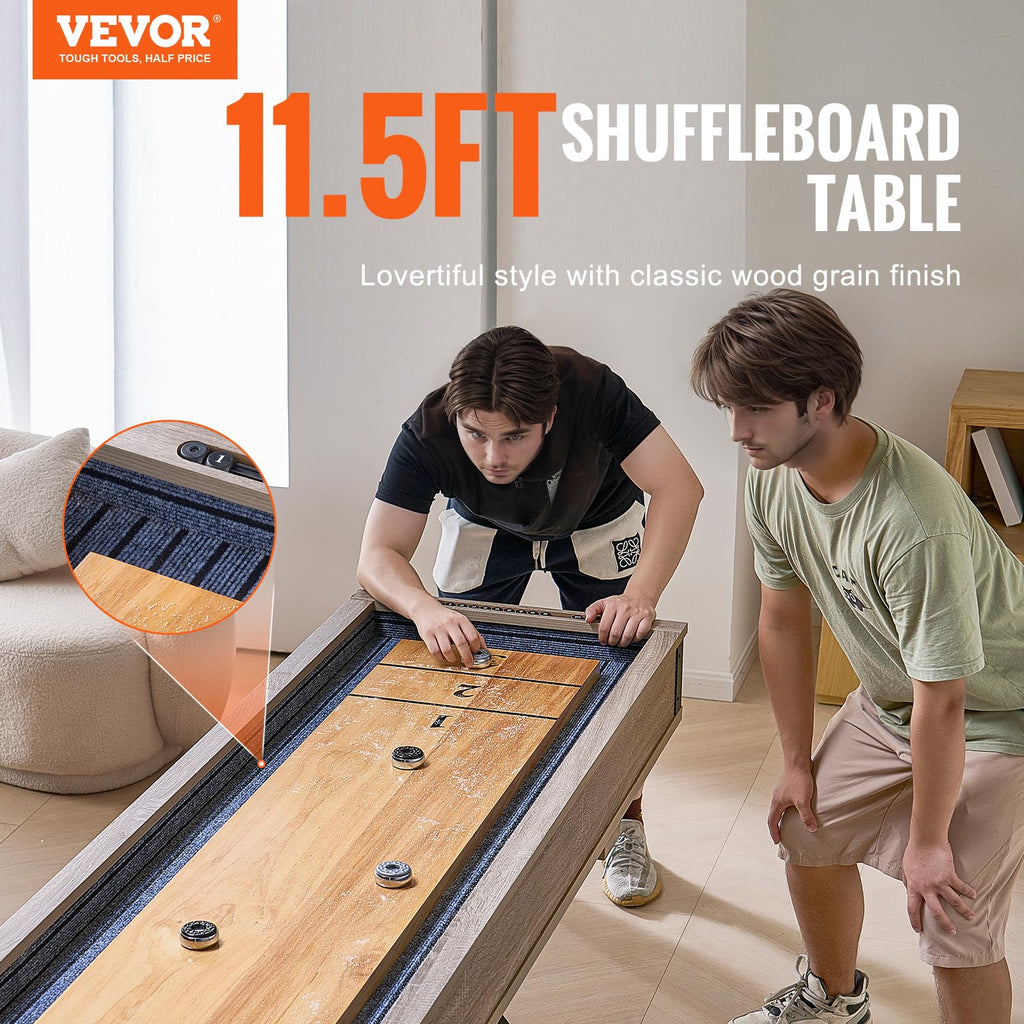 VEVOR Shuffleboard Table, 11.5 ft Shuffleboard for Family Game Rooms, 2 in 1 Shuffleboard and Bowling Combo Game Set, with Scratch-Resistant Playfield, Legs, 8 Pucks, Bowling Set, Wax, and Table Brush