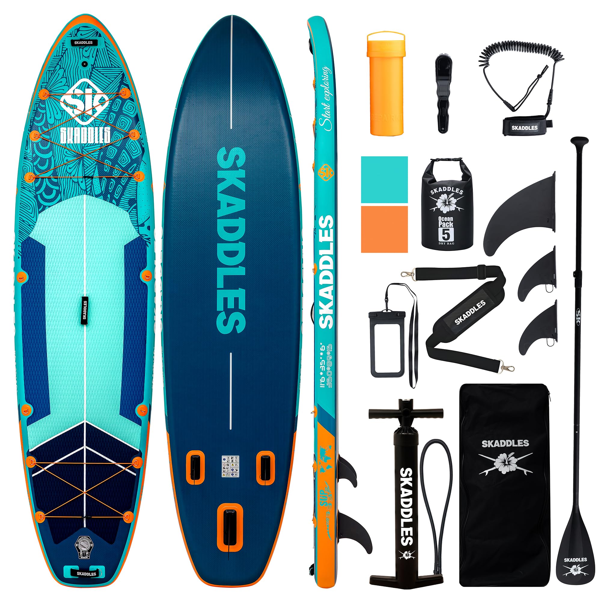 SKADDLES 11’6 × 35" Inflatable SUP–Super Wide, Stable Stand Up Paddle Board for Adults, Youth, Family & Pets, High Weight Capacity, Non-Slip EVA Deck, Premium Accessories (FLASHLINE · Reef Runner)