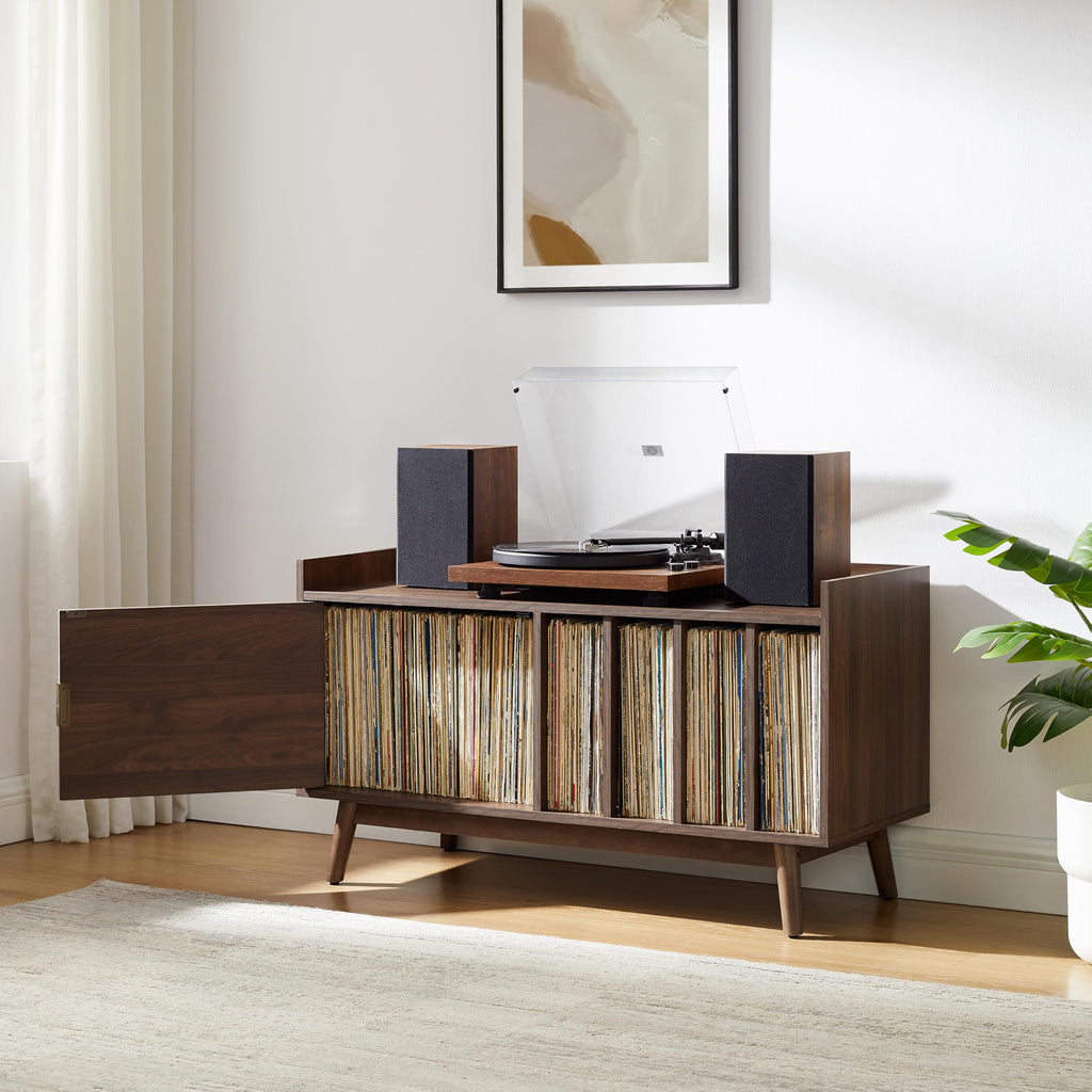Crosley Furniture Skylar Mid-Century Record Player Cabinet with Vinyl Storage, Turntable Stand for Records, Walnut