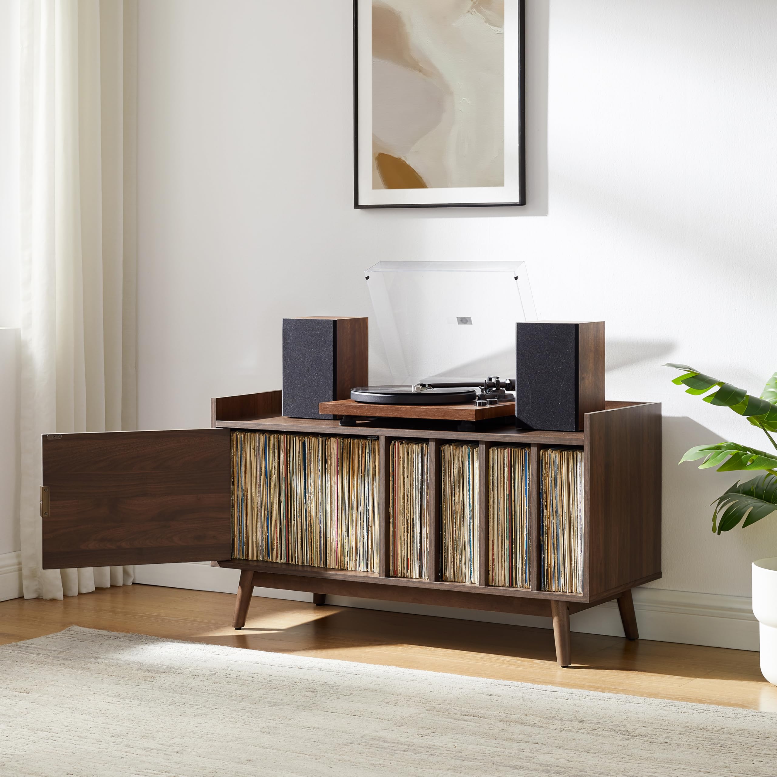 Crosley Furniture Skylar Mid-Century Record Player Cabinet with Vinyl Storage, Turntable Stand for Records, Walnut