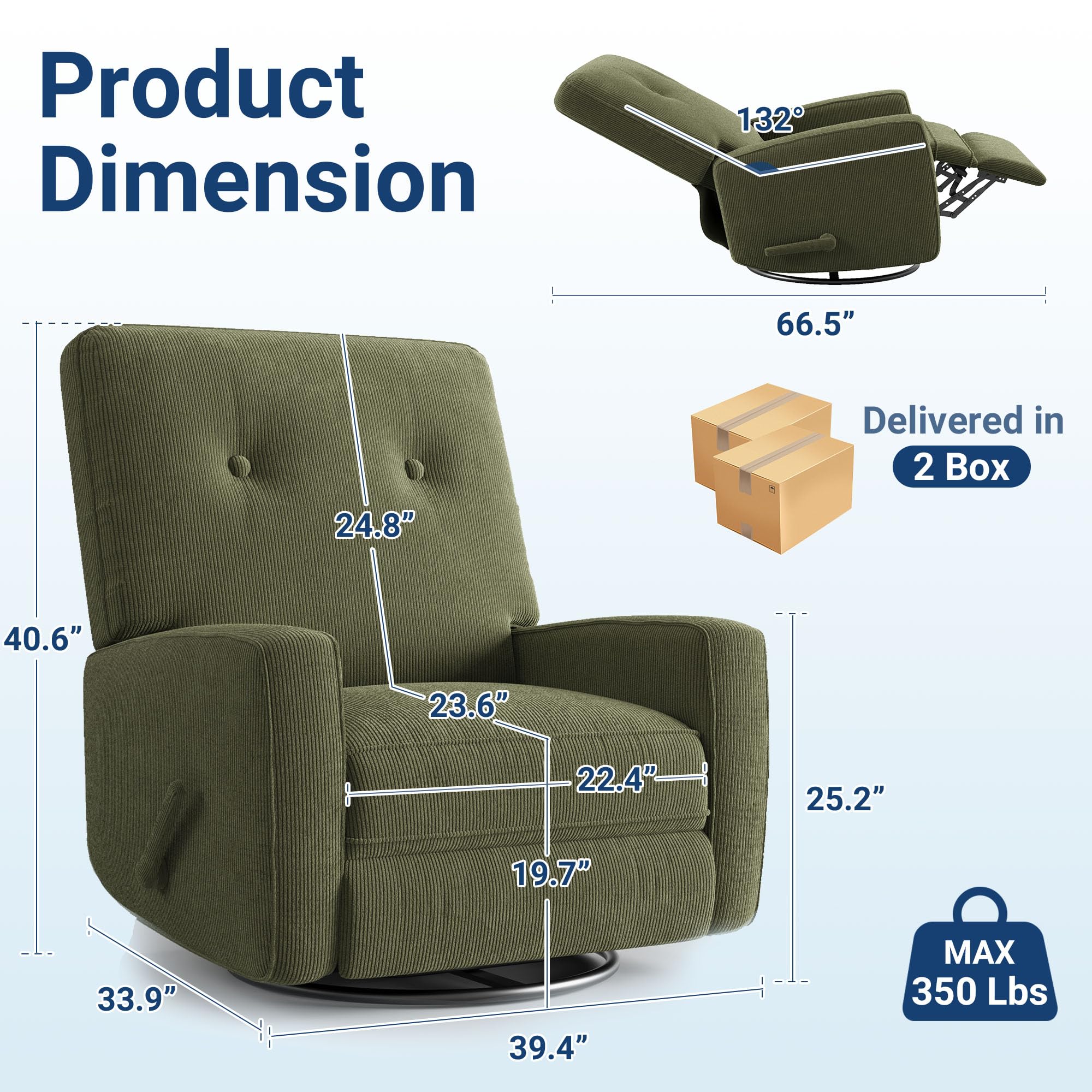 GarveeHome Recliner Chairs, Swivel Rocker Recliner, Glider Recliner Nursery Chair for Adults, 360° Swivel Glider Rocking Chair for Living Room, Bedroom, Office, RV, Small Spaces, Corduroy, Green