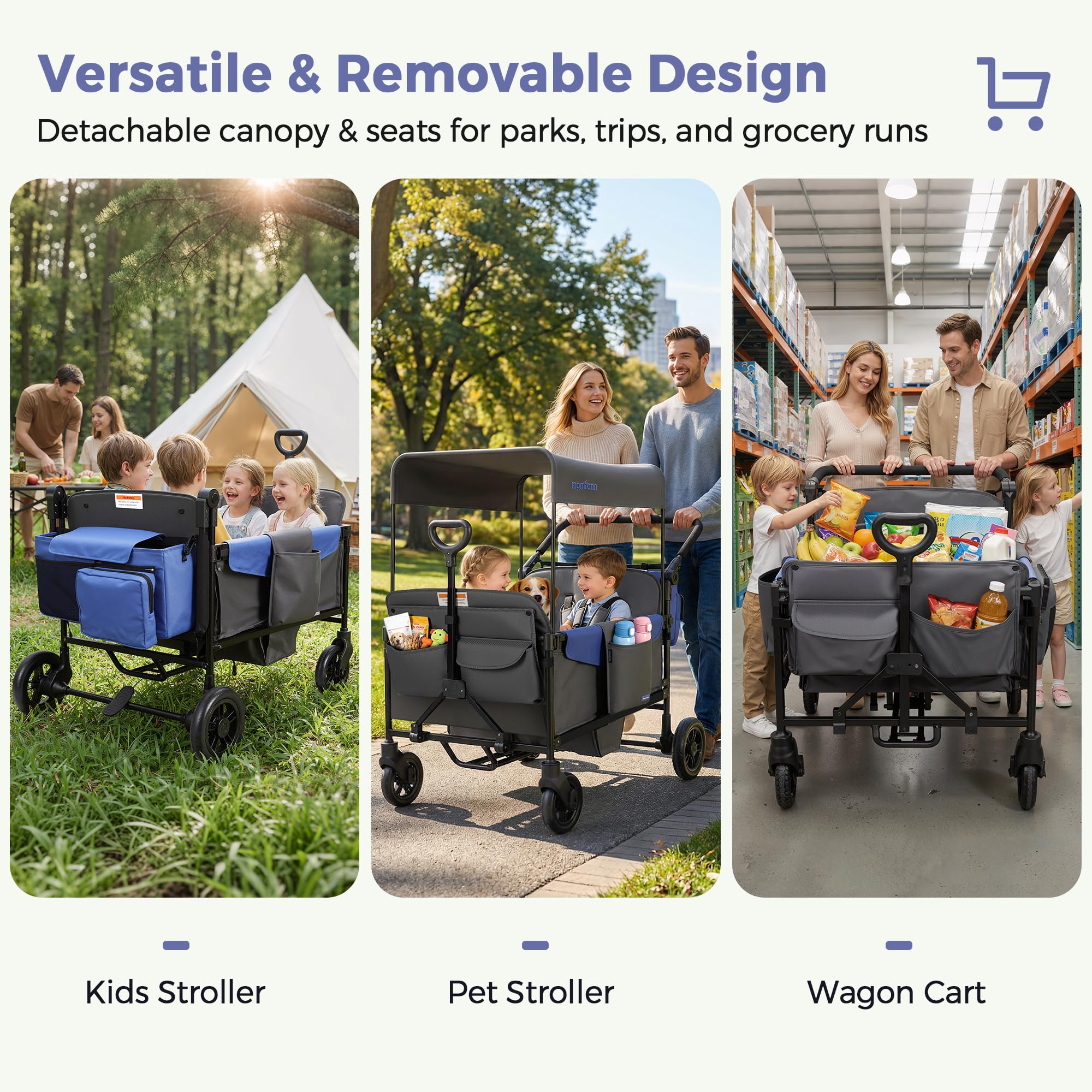 MOMFANN Wagon Stroller for 4 Kids, All-Terrain 4-Seater Folding Wagon with 5-Point Harness, Adjustable Push-Pull Handle, Removable Canopy, Oversized Storage Organizer, Compact Fold - Grey
