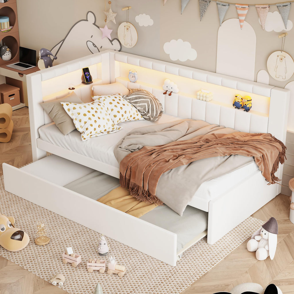 DNYN Upholstered Twin Size Daybed with Trundle for Bedroom,Apartment,Solid Wood Bedframe w/USB Ports & LED Design,Super Save Space & No Box Spring Needed, White