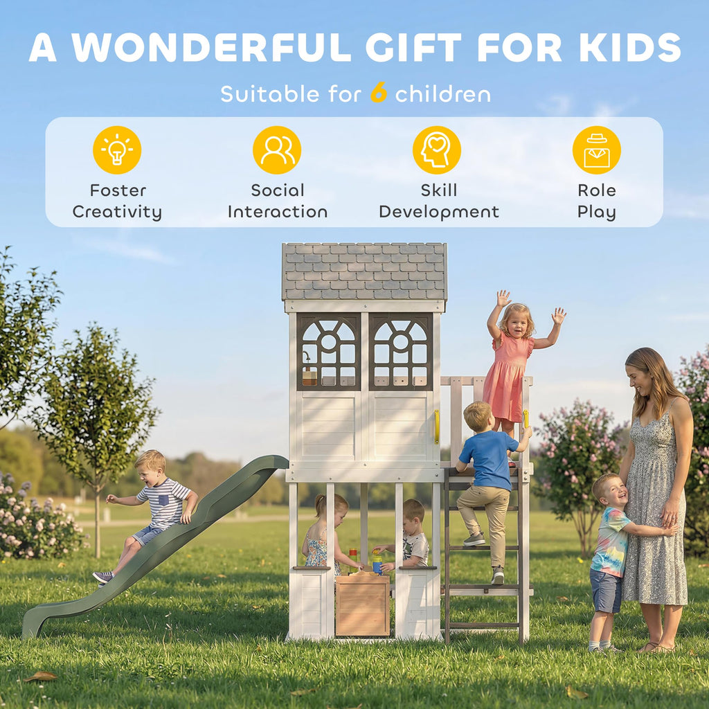 Qaba Two-Story Outdoor Wooden Playhouse for Kids with Slide, Picnic Table & Bench, Play Kitchen, Ladder, Lookout Platform for Age 2+ Backyard Play, White