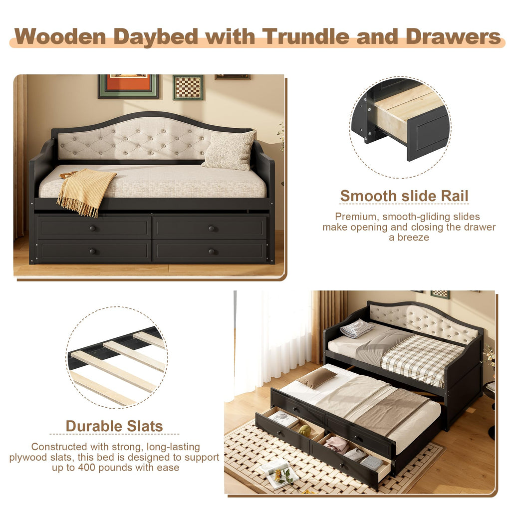 GDFStudio Twin Daybed with Trundle and 2 Storage Drawers, Upholstered Button Tufted Wooden Daybed Sofa Bed, Twin Size Pull Out Trundle Bed Frame for Living Room Bedroom Guest Room, Black