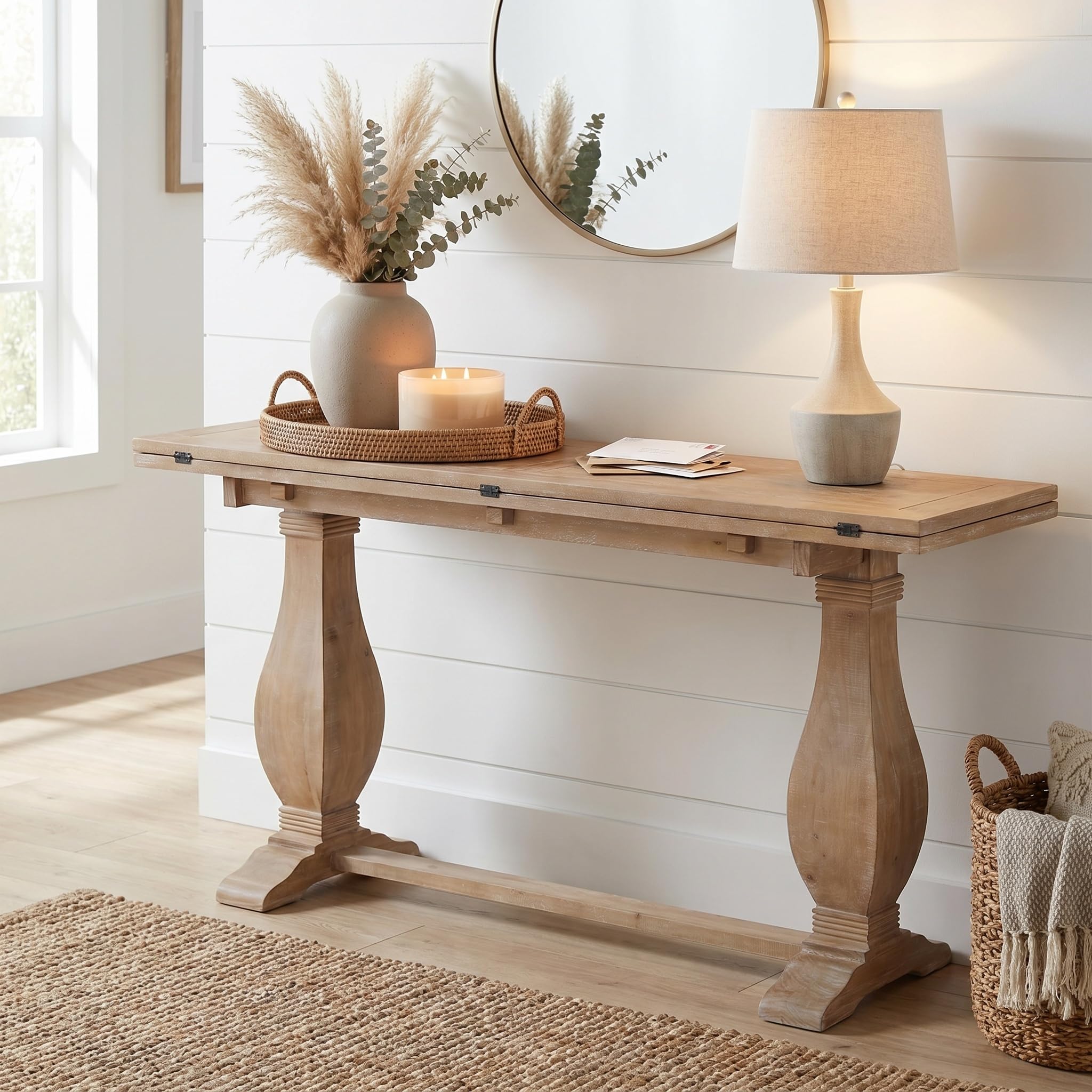 Martin Svensson Home Napa Solid Wood Pedestal Flip-Top Sofa Console Table, Driftwood