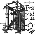 Mikolo Smith Machine with Weight Stack, Power Cage Home Gym System with LAT Pulldown & Cable Crossover, Multi-Functional Trainer with Dual Pulley System, Weight Bench, Cable attachments