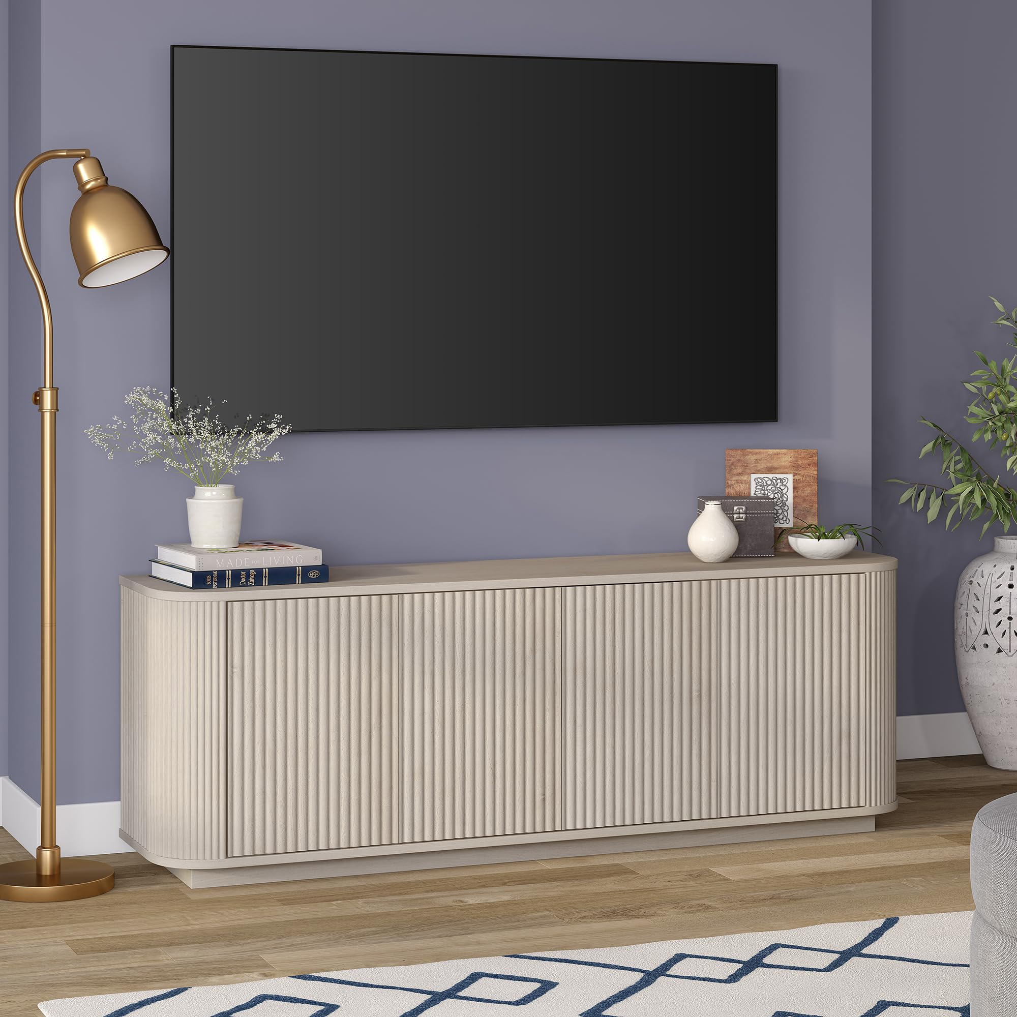 Henn&Hart Fluted TV Stand for TVs up to 75" with 2 Storage Cabinets with an Adjustable Shelf for Living Room, Family Room, or Office, Beech White