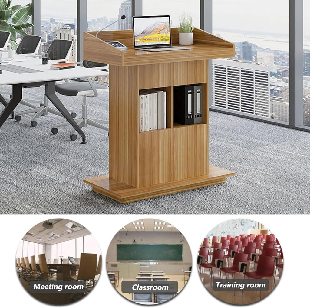 Lectern Solid Wood Podiums Floor Standing Podiums Rolling Podium with Wheel Church Podium and Pulpits Mobile Speaking Lectern with Wire Holes and Storage (White, 39.4″×19.68″×44″)