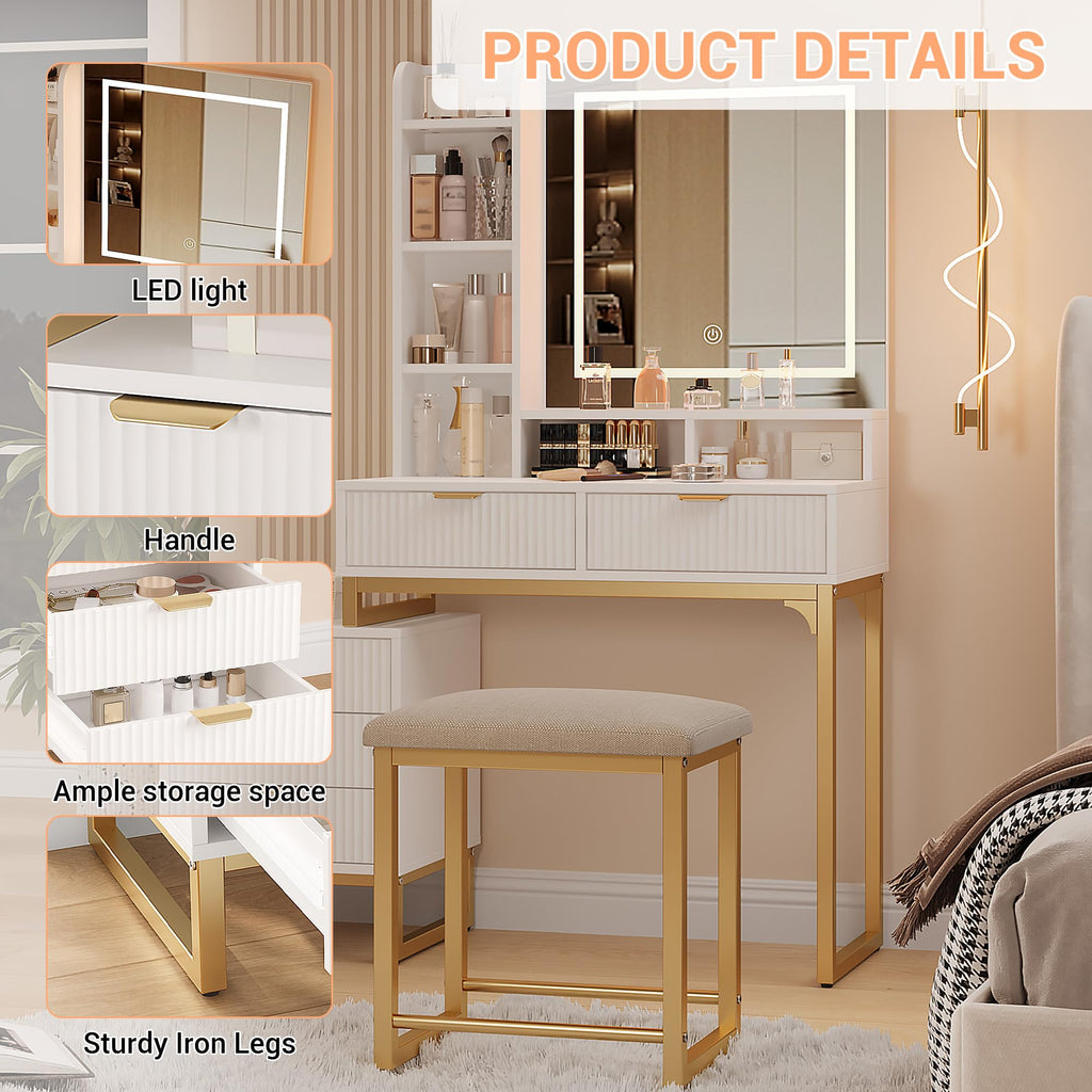 GAOMON Modern LED Makeup Vanity Desk with Mirror – 5 Drawers, Removable Side Cabinet, Cushioned Stool, Adjustable Lights – Bedroom Dressing Table for Girls & Women – Gold Iron + White Plate + Gold