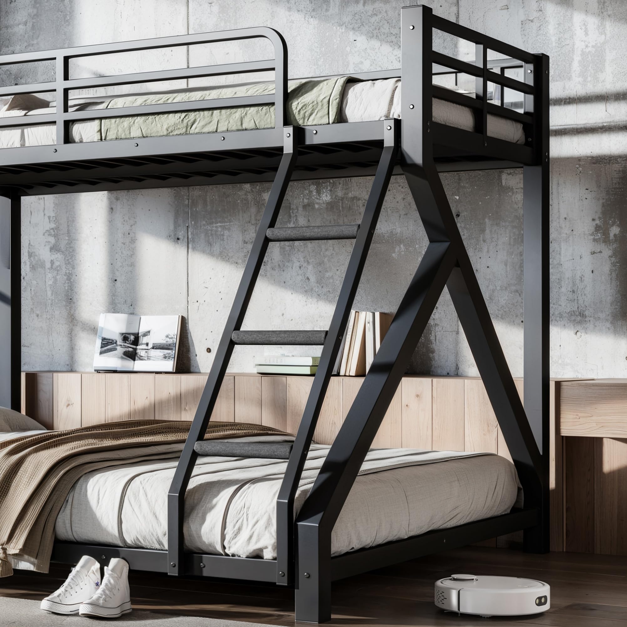 LEEKAF Stronger & Thickened Heavy Duty Metal Bunk Bed Twin XL Over Queen Size for Adults Teens, Safer More Stable Bunkbed (Greater Weight Capacity) (Black,Twin XL Over Queen A)