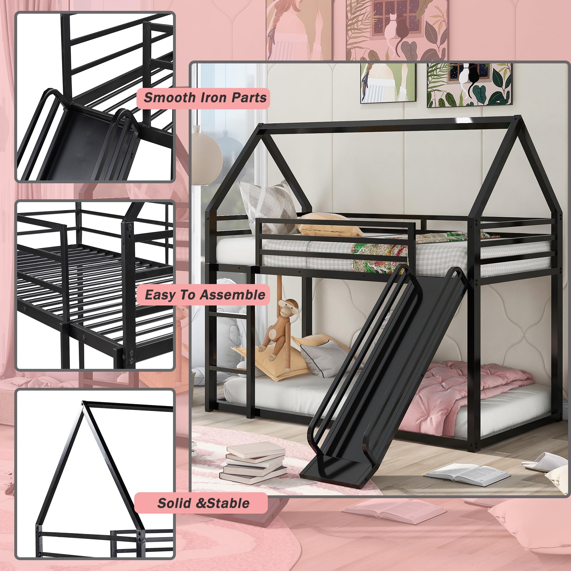 Merax Modern Twin Over Twin Heavy Steel Low Bunk Bed with Ladder and Slide, House Shaped Bunk Bed Frame with Full Lenght Guardrail, No Box Spring Needed, Space-Saving, Black