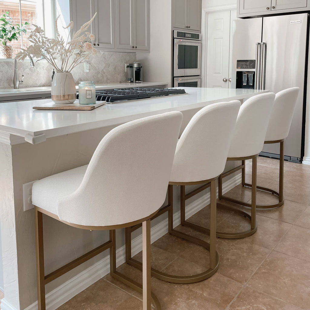 Leick Home 214957 Barrelback Counter Stool with Metal Base, Set of 4, for Elevated Kitchen Counters, High Top Tables, and Bars, Modern White Linen Seat and Gold Metal Base