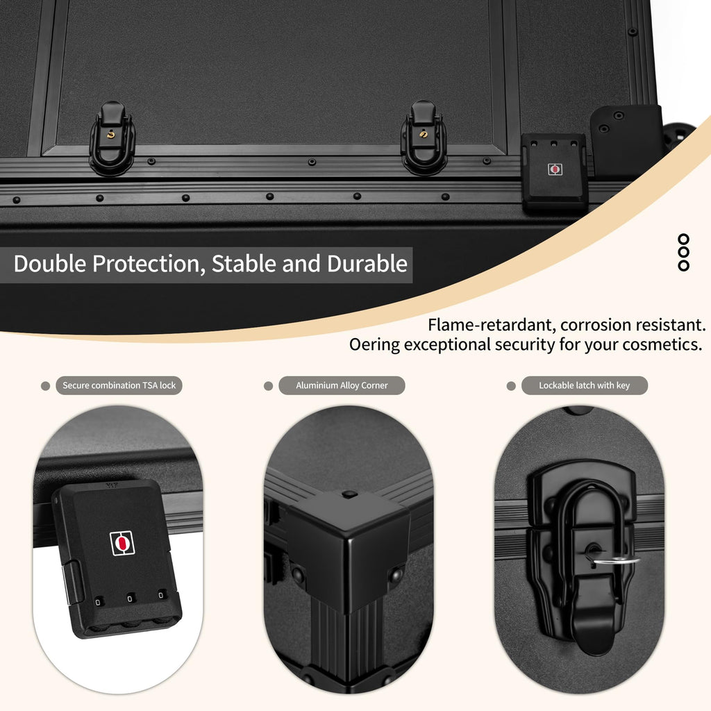 ZhenGuiRu Portable Manicure Table 3 Drawers, Rolling Lockable Makeup Train Case with Blueteeth Speaker and Nail Polish Organizer, Foldable Nail Desk with Mirror & TSA Lock for Nail Tech and Salon Use