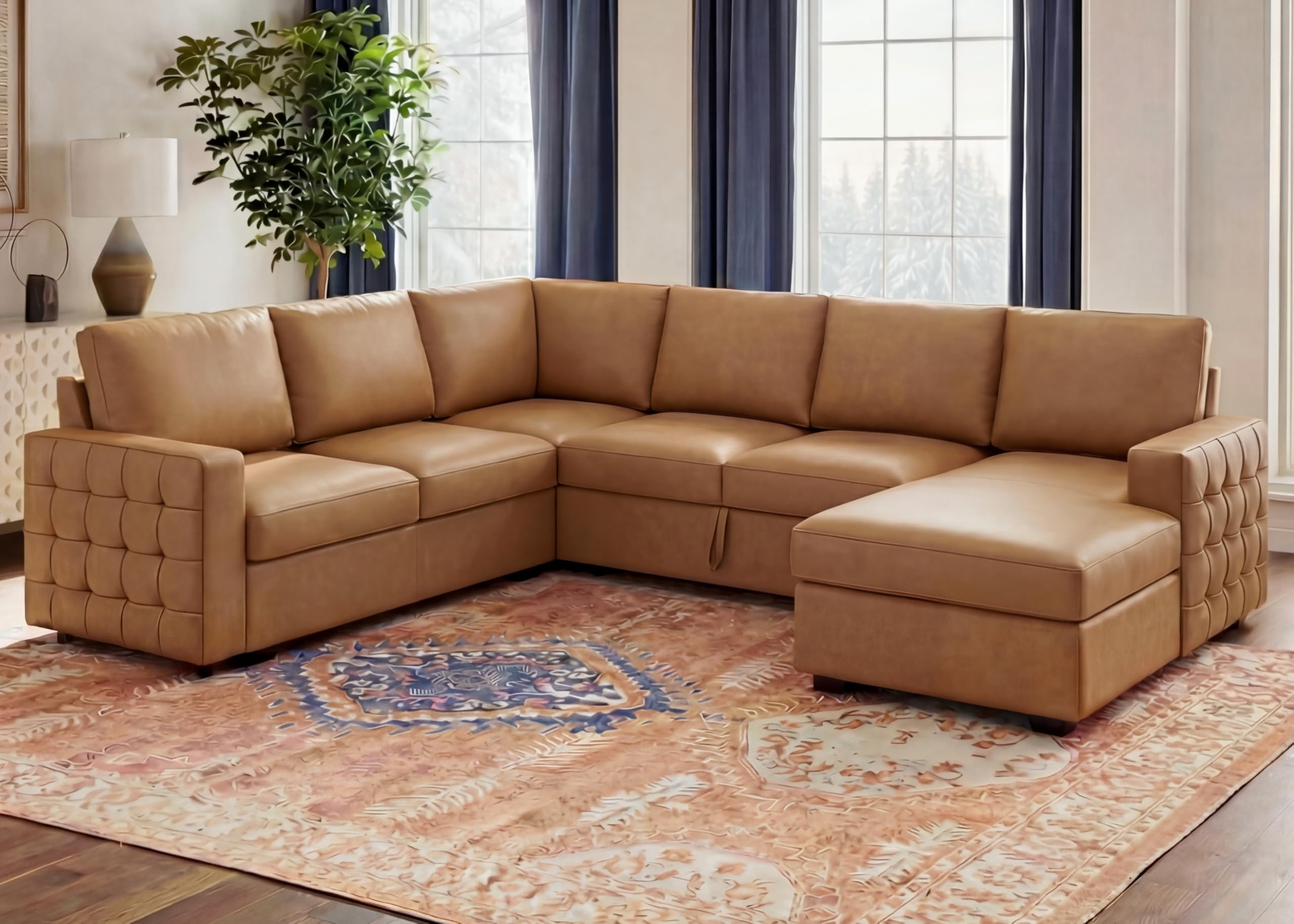 Leathaire 111 Inch Sectional Sleeper Sofa with Pull Out Bed, U Shaped 6 Seat Modular Sectional Couch with Storage for Living Room, Faux Leather Brown