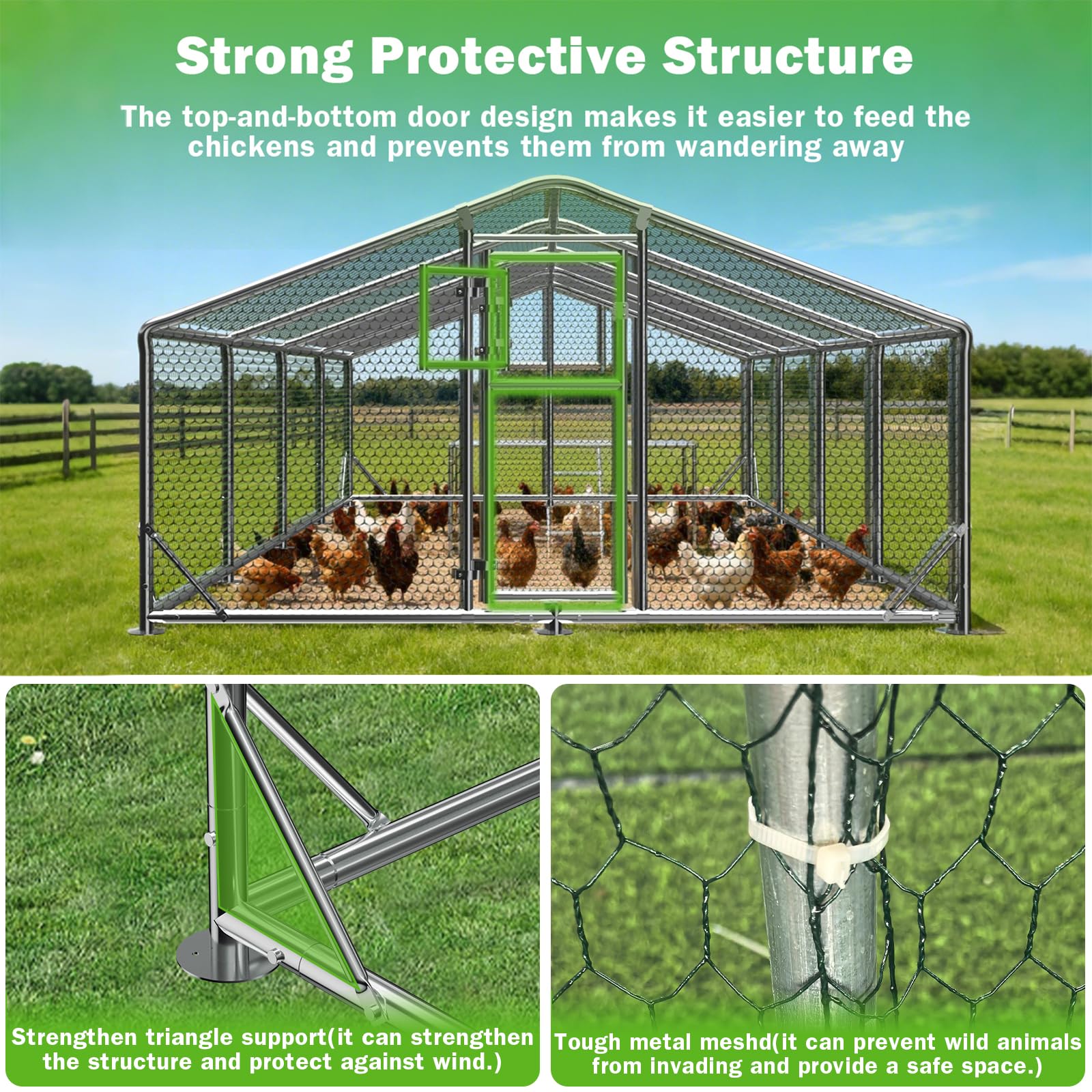 10x26FT Metal Chicken Coop, Dutch Door Chicken Run with Chicken Perch, Cover and Chicken Wire, Walk in Duck Pen for Backyard Poultry and Pet Farming
