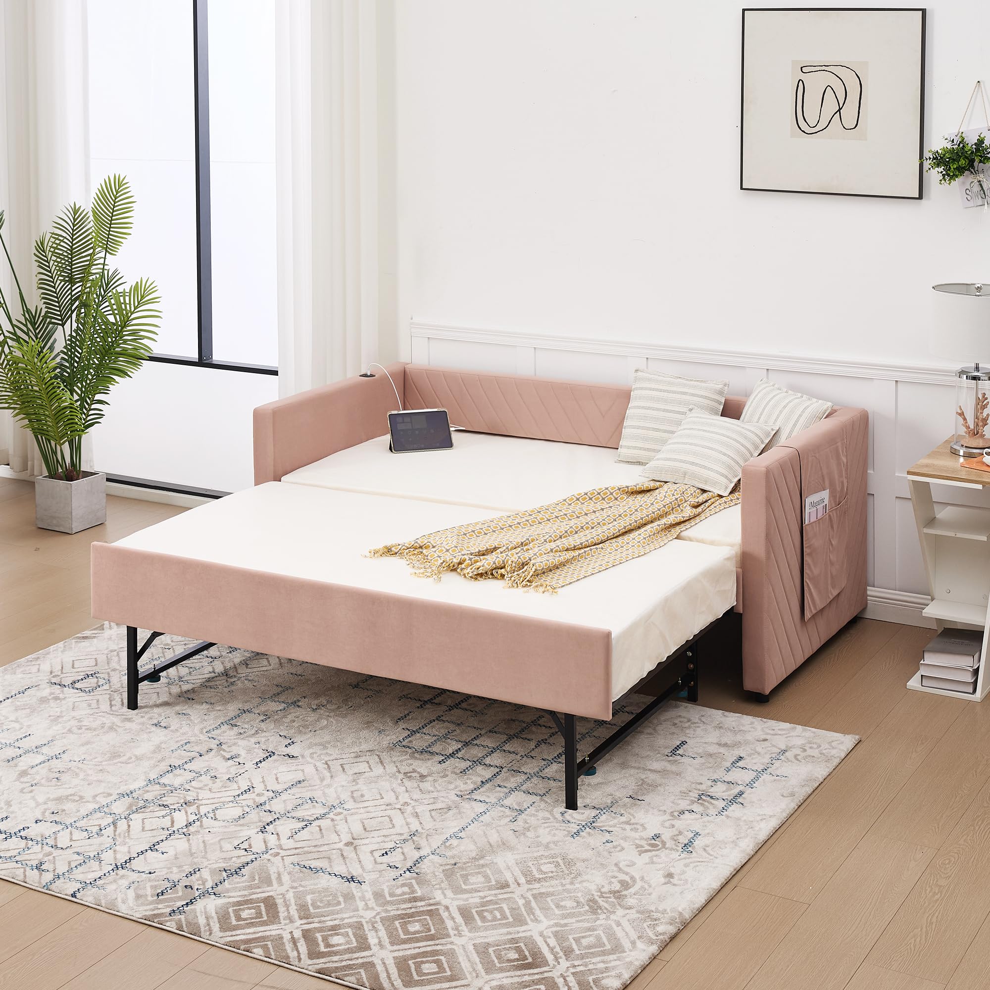 DNYN Velvet Daybed with Pop-up Trundle and USB Ports for Bedroom/Guest/Living Room, Space-Saving Twin Size Bed Frame with Side Pockets and V-Grained Backrest Design, No Box Spring Needed