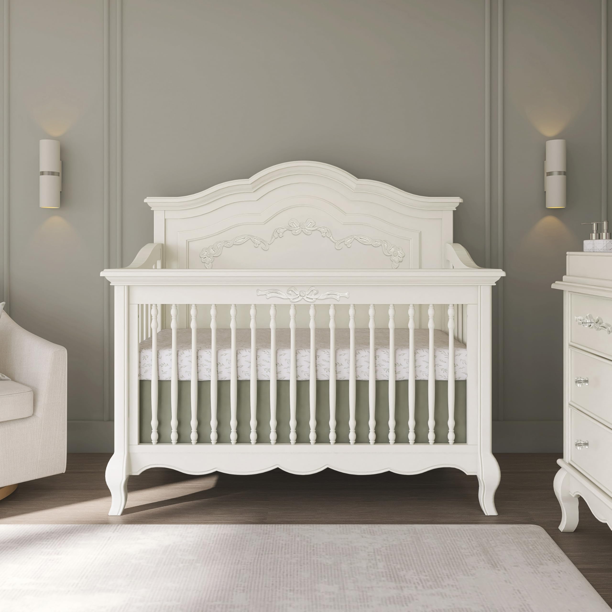 Evolur Aurora 5-in-1 Convertible Full-Size Baby Crib in Ivory Lace, GreenGuard Gold & JPMA, 3 Mattress HeightsRibbon Bow Scrollwork & Queen Anne Feet, Converts to Toddler, Day & Full-Size Bed