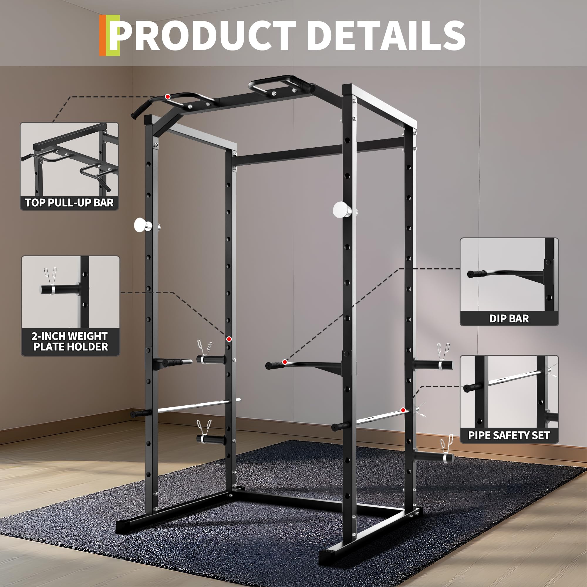 Garvee Power Cage, Squat Rack for Home Gym, 1100LB Capacity Power Rack with Pull-Up Bar, Adjustable Safety Bars, Strength Training for Home Gym, Black
