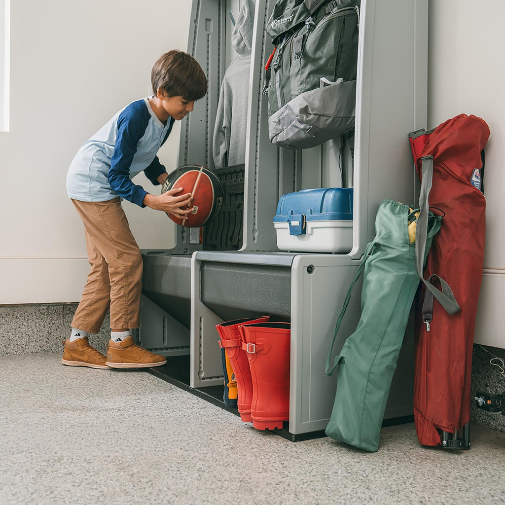 LIFETIME Storage Locker, Freestanding Cabinet with Benches & Shoe Cubbies, Organizer with Metal Hooks, UV‑Protected Weather‑Resistant