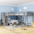 Merax Bunk Bed with a Loft Attached, Triple Bedframe with Drawers, Guardrails and Ladders, Gray Platform, L-Shaped Twin Over Full