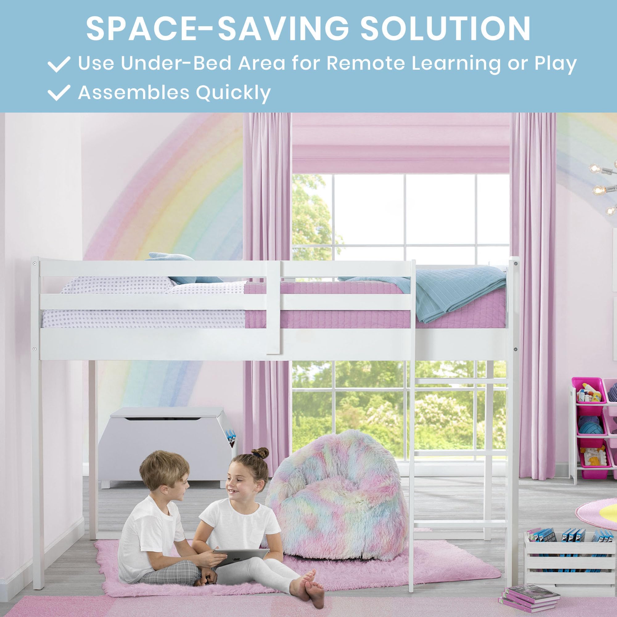 Delta Children Twin Loft Bed with Guardrail and Ladder (Coordinates with Loft Bed Tents Sold Separately), White
