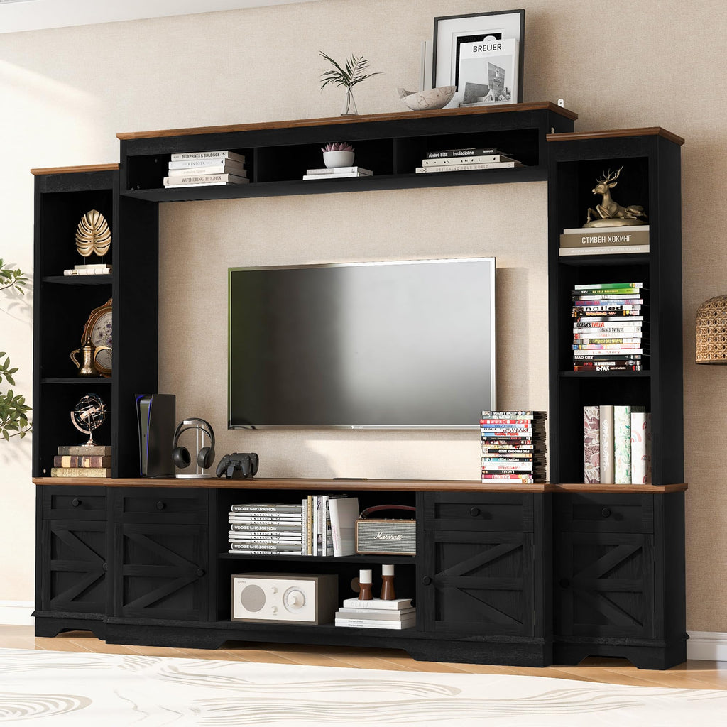 Merax 98.8" W Black Entertainment Center with Bookshelves for Living Room, Wooden Wall Unit TV Stand with Storage for TVs up to 80", Media Console with Drawers, Outlets, Cabinets & Adjustable Shelves
