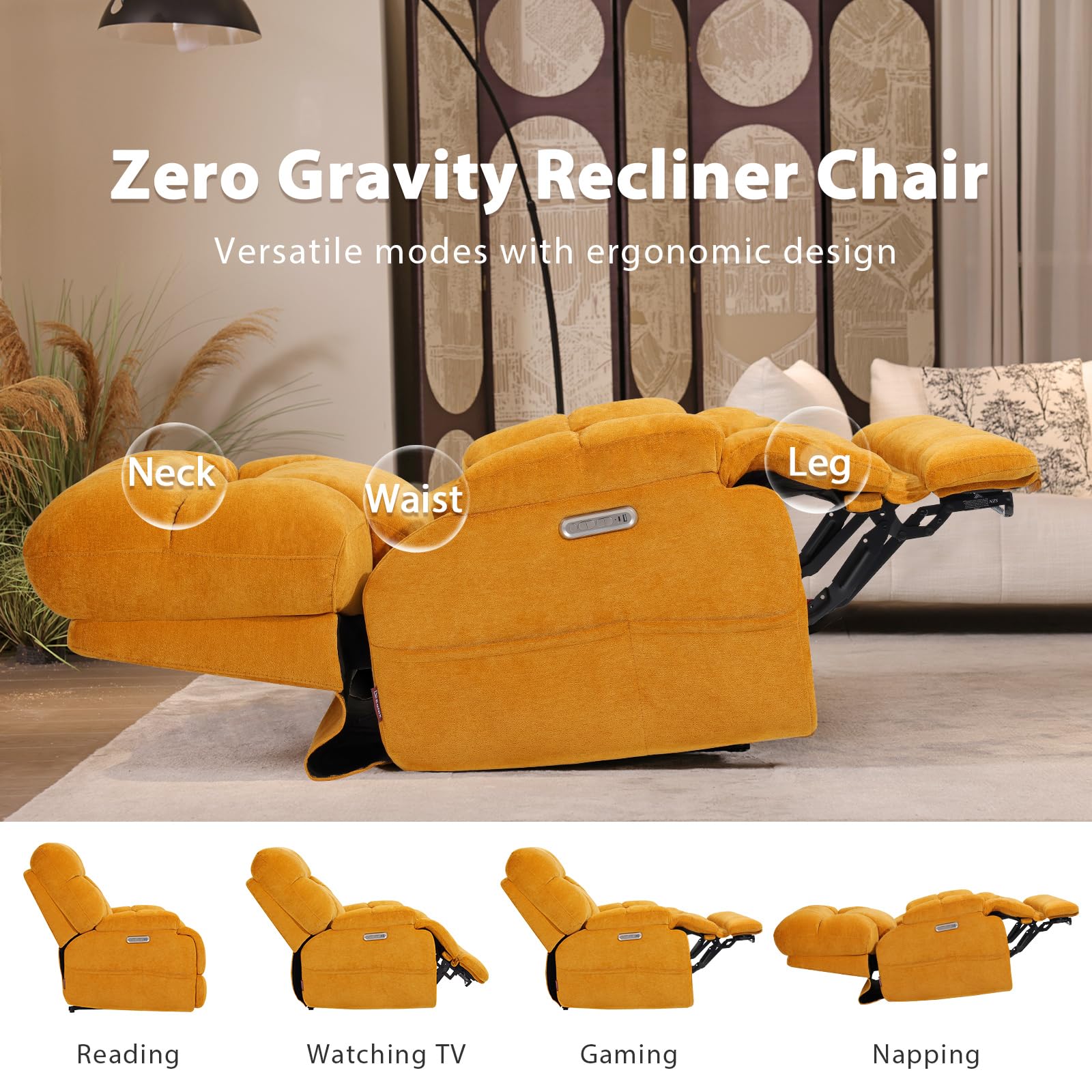 EONIX Dual Motor Zero Gravity Power Recliner Chair with Heat and Massage, 400lbs Lay Flat Recliner Sofa Chair with Extended Footrest, Cozy Padding and Cushion, SXXY007032, Orange