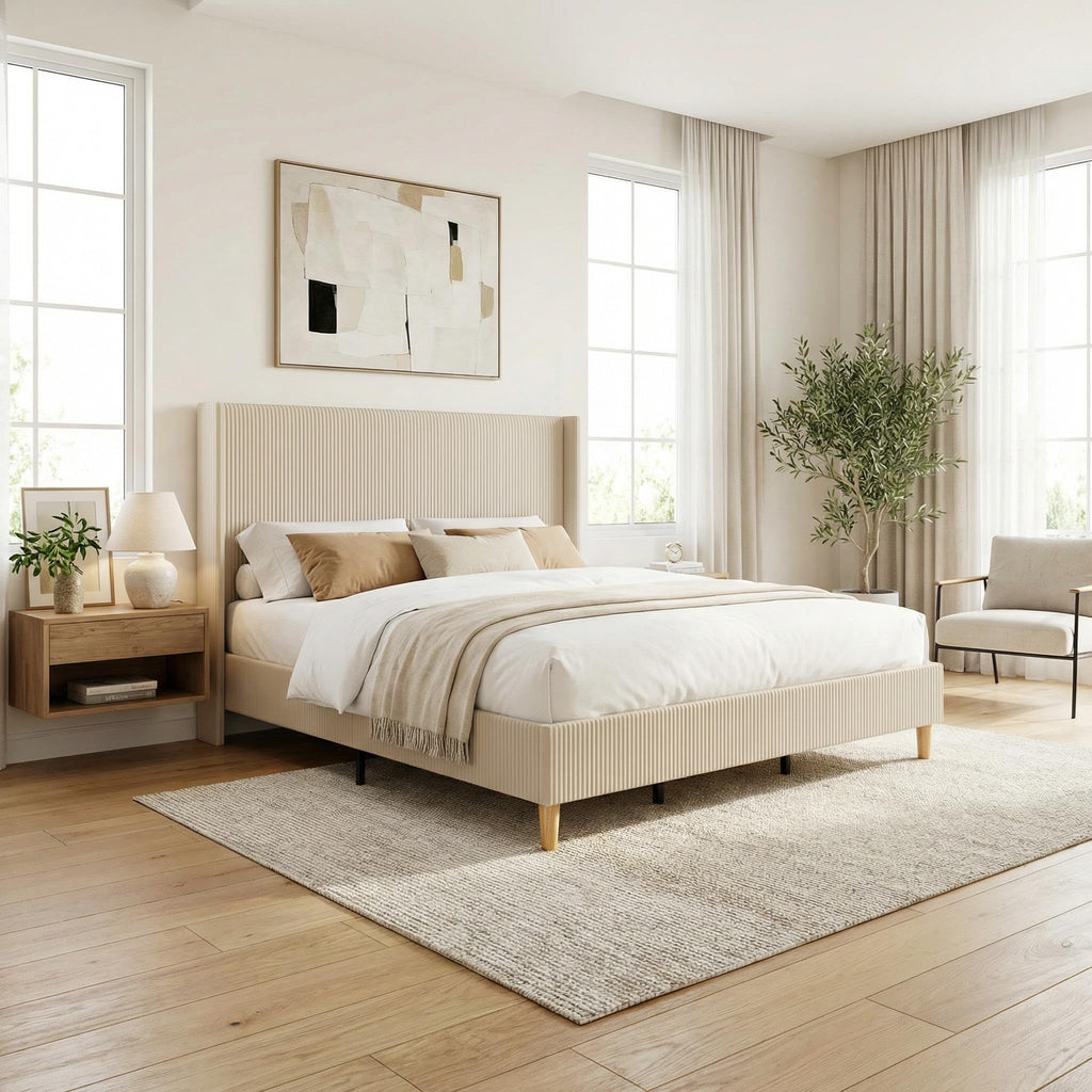 IDEALHOUSE King Size Upholstered Bed Frame with Channel Tufted Wingback Headboard, Wooden Slat Support, Noise-Minimizing Design, No Box Spring Needed, Beige