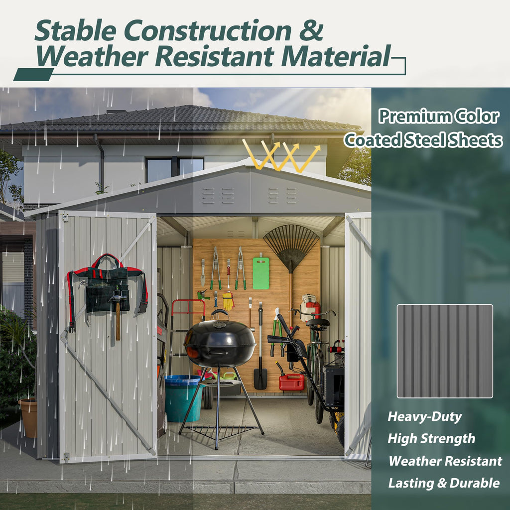 YOPTO 10X10 FT Outdoor Storage Shed,Metal Shed W/Lockable Doors,Air Vents & Sloped Roof,Garden Tool House W/Updated Frame Structure,for Backyard Patio Lawn,Gray