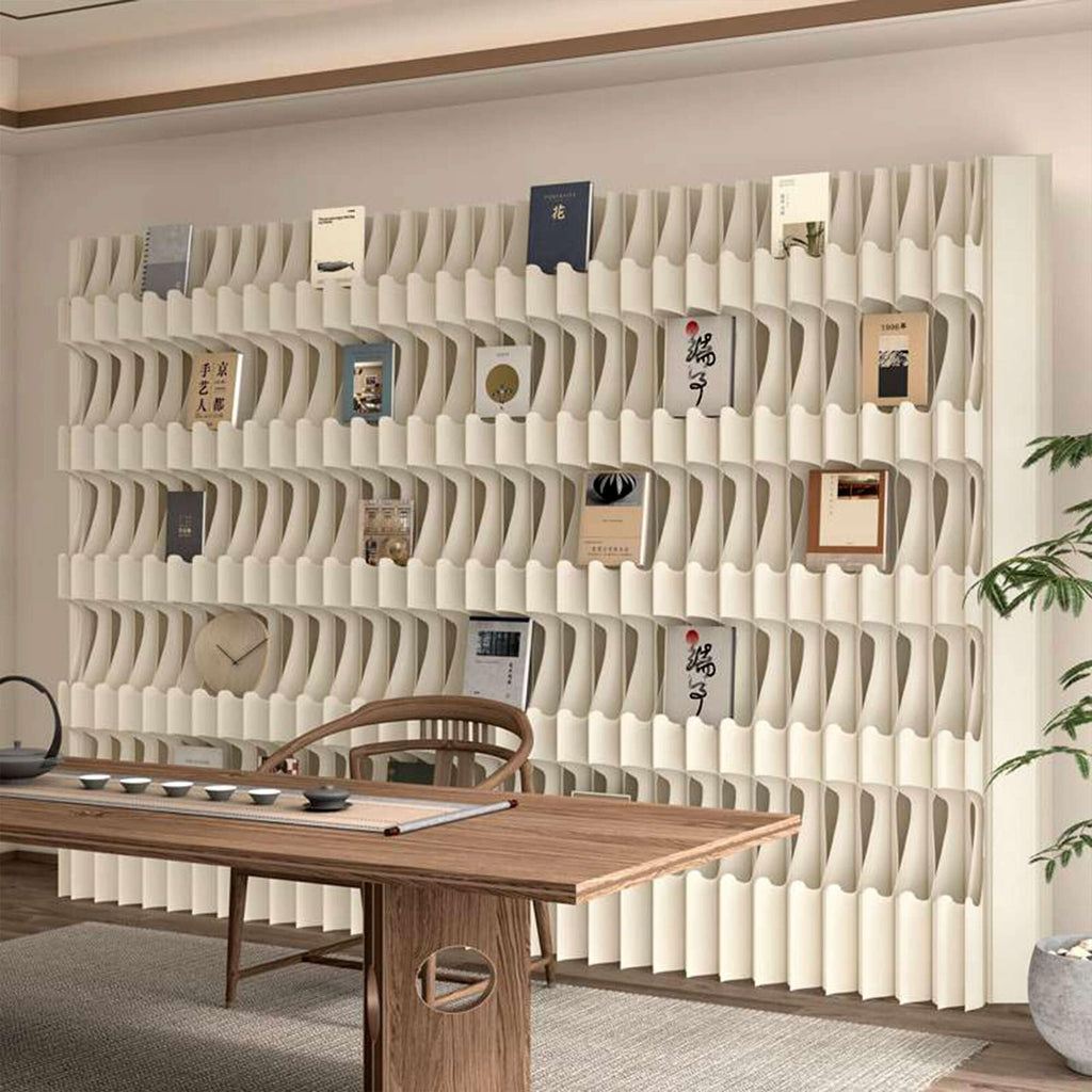 Paper Room Divider with Shelves Folding Room Divider Portable Room Partition Foldable Temporary Wall Retractable Folding Screen for Home, Office, Studio, Exhibition