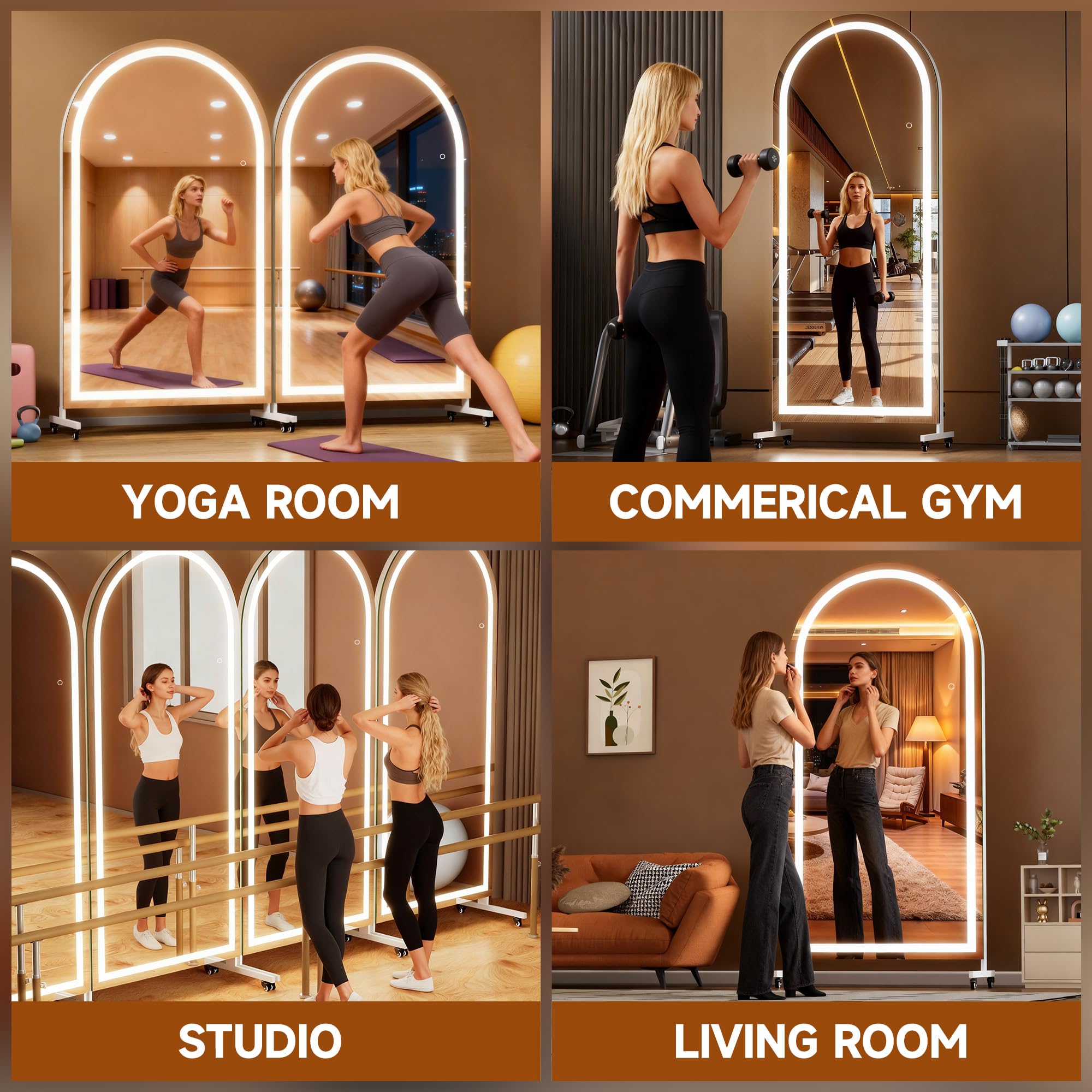 Hasipu 67" x 40" Arched LED Rolling Gym Mirror with Wheels, Dimmable Lighted Body Mirror with 3 Color Temperatures & Adjustable Brightness for Bedroom, Yoga Studio & Home Gym