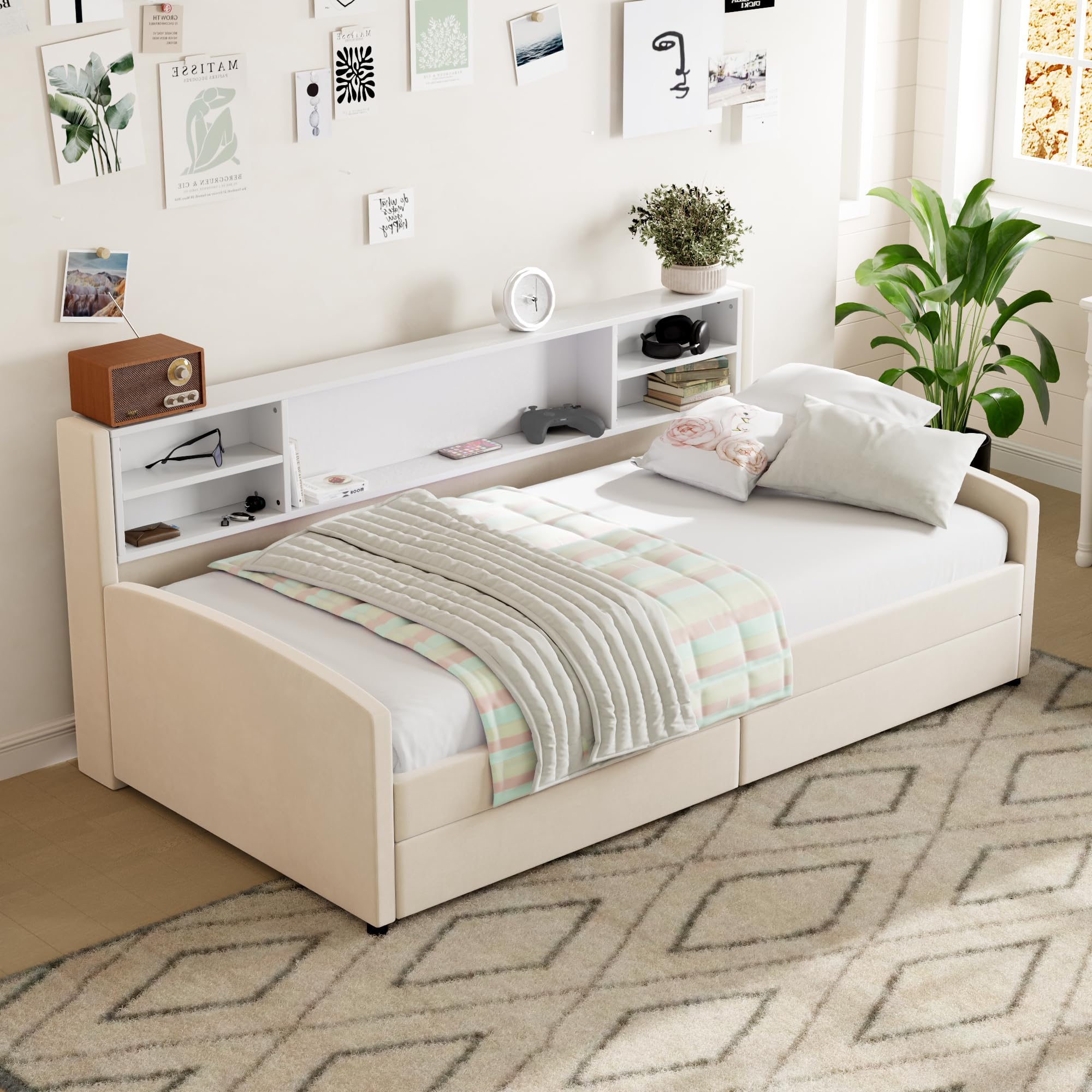 Merax Twin Size Upholstered Platform Bed with Storage and Drawers, Beige
