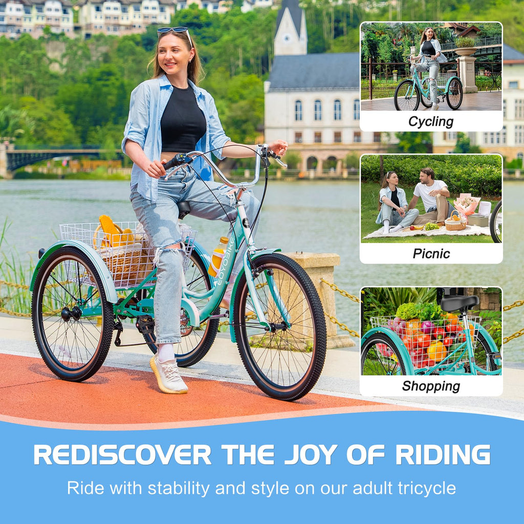 EOYOBIKE Adult Tricycle 3-Wheel Cruiser Bike, Low Step-Through Frame, Large Rear Basket, Heavy-Duty Comfort Bicycle with Adjustable Handlebar & Spring Saddle, 24/26 Inch Wheels for Seniors & Adults
