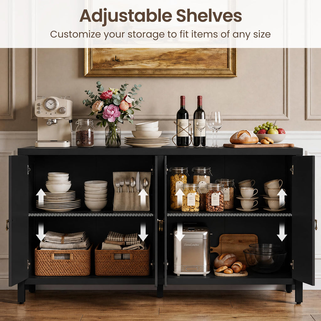 RoyalCraft Buffet Cabinet with Storage, 60" W Modern Coffee Bar Sideboard with 4 Doors & Adjustable Shelves, Painted Wooden Credenza for Dining Room, Kitchen, Living Room, Entryway, Black