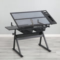 Gecheer Black Adjustable Tempered Glass Drafting Table with Chair, 0-75° Tilt Desktop, 5mm Thick, Two Metal Drawers & Side Storage Strips, Height & Angle Adjustable for Uneven Floors