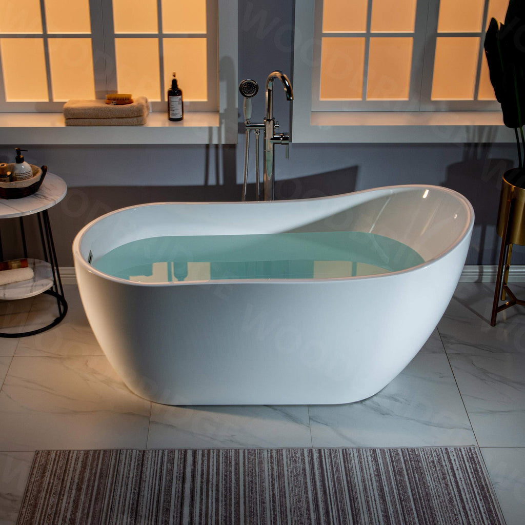 WOODBRIDGE 59" Acrylic Freestanding Bathtub Contemporary Soaking White Tub with Brushed Nickel Overflow and Drain，B-1530 -B/N-Drain &O