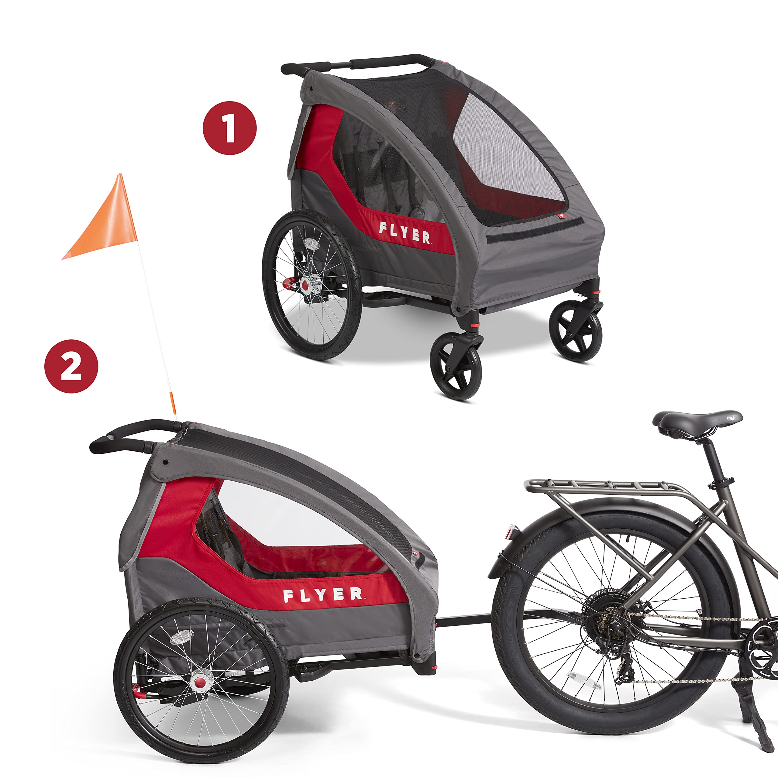 Flyer(TM) Duoflex 2 in 1 Bike Trailer and Double Stroller for Toddlers, 1+ Years