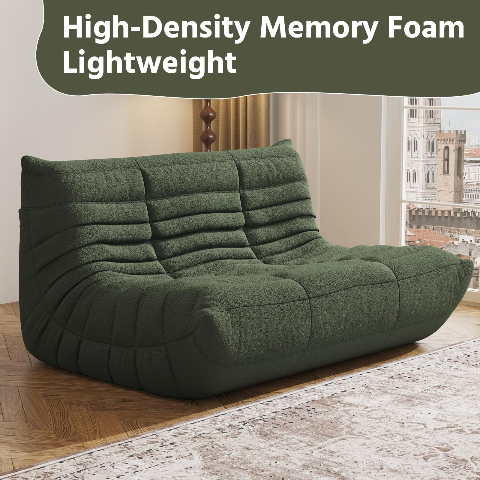 Comfy Memory Foam Loveseat Bean Bag Chair for Adults - Teddy Fleece Fireside Accent Chair for Reading, Lazy Floor Sofa Couch Boneless Chaise Lounge for Living Room Bedroom Home Theater, 2 Seater
