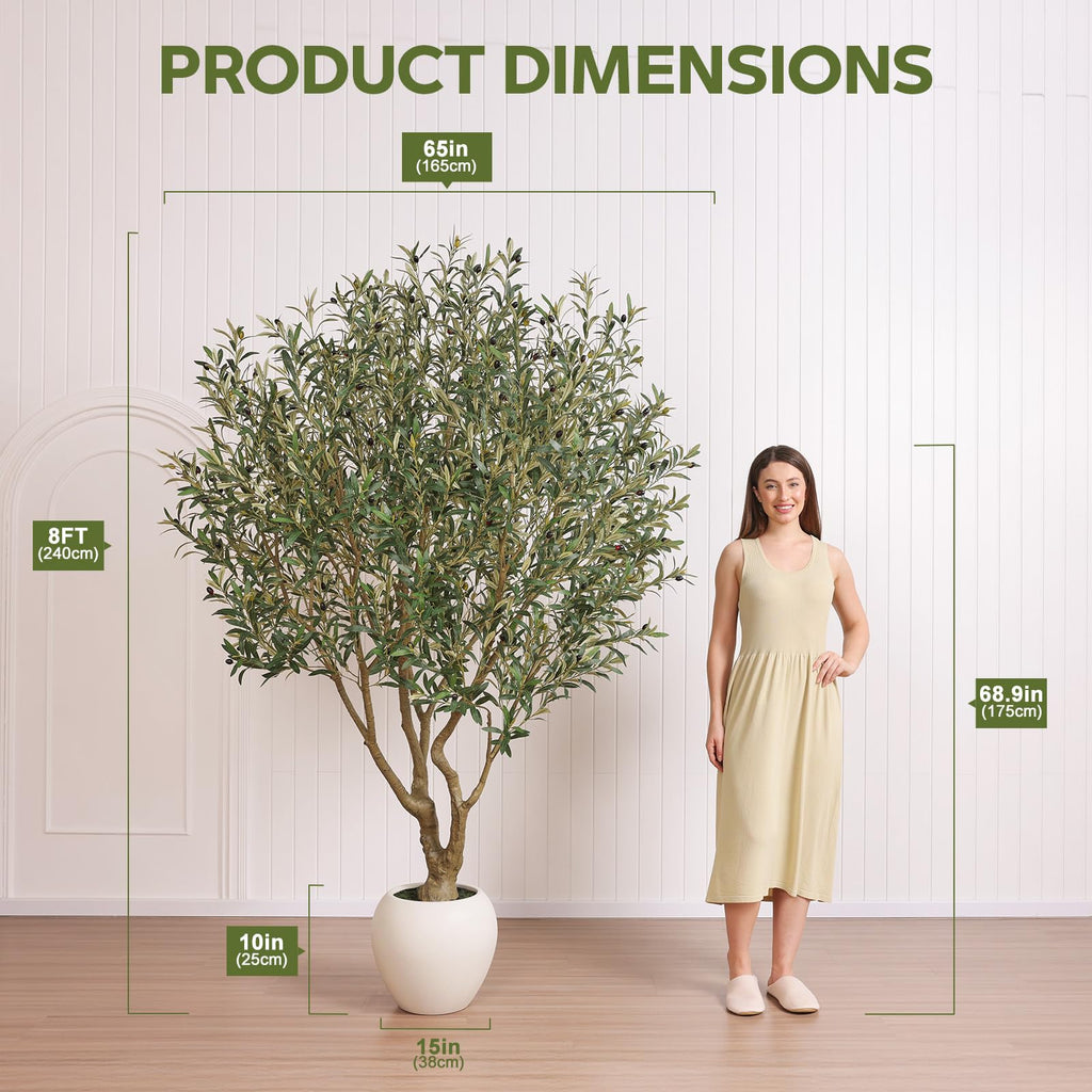 VeriNatural Olive Trees Artificial Indoor, 8FT Tall Faux Olive Tree with Round White Planter, UV Resistant Outdoor Large Fake Olive Plants for Modern Home Decor Living Room Office
