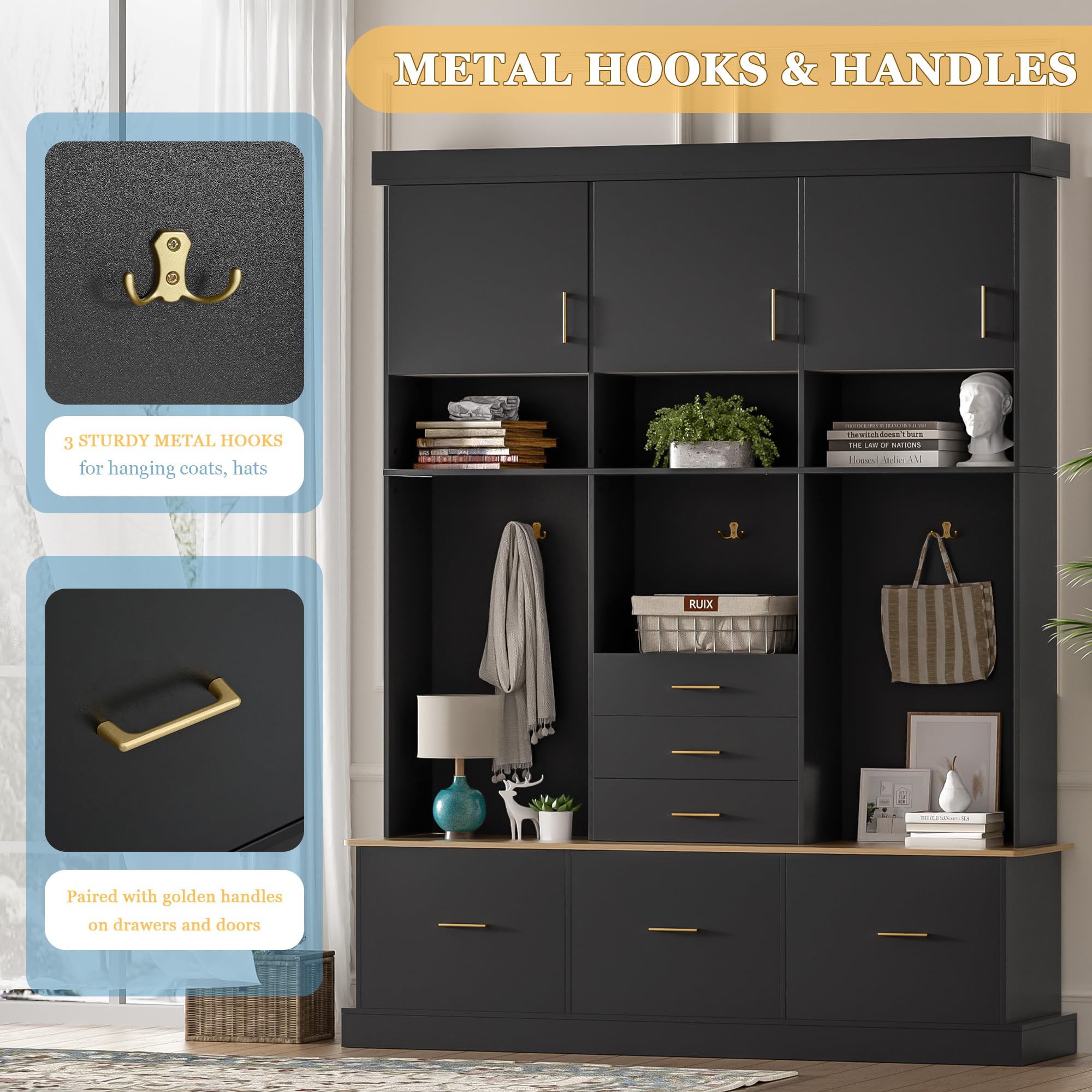 Merax 5-in-1 Hall Tree with Bench and Storage, Modern with Coat Rack, 6 Drawers, 3 Cabinets and 3-Tier Top Storage for Hallway, Entryway, Living Room, Black