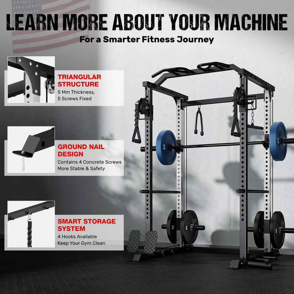 GOIMU DP01 Power Cage, 2000LBS Squat Rack with with Cable Crossover and Dual Independent Pulley System, Full Cage for Full Body Training, Power Rack with More Training Attachments for Home Gym(BK-Pro)