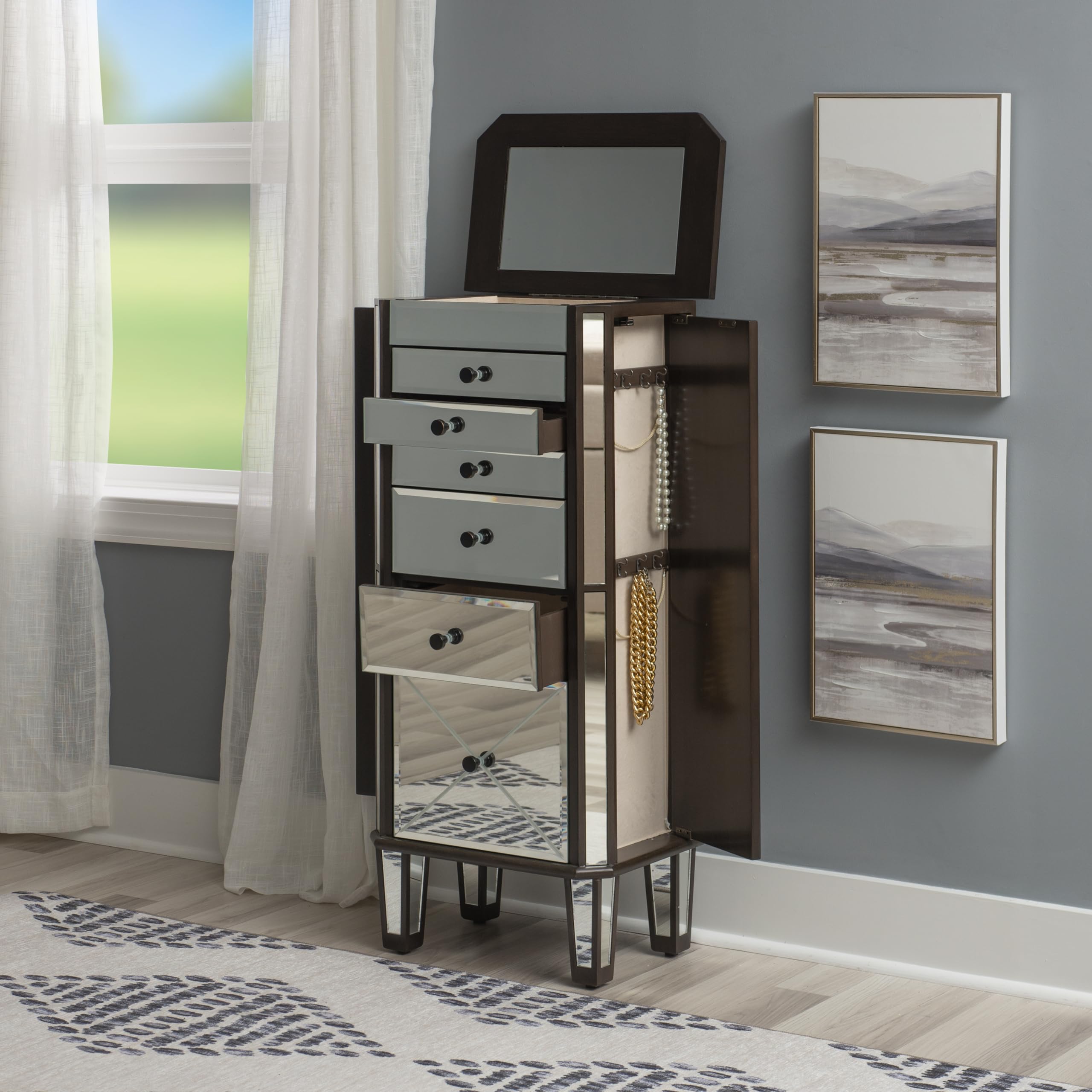 Powell Elsie Dark Espresso Wooden Jewelry Armoire with Mirrored Front