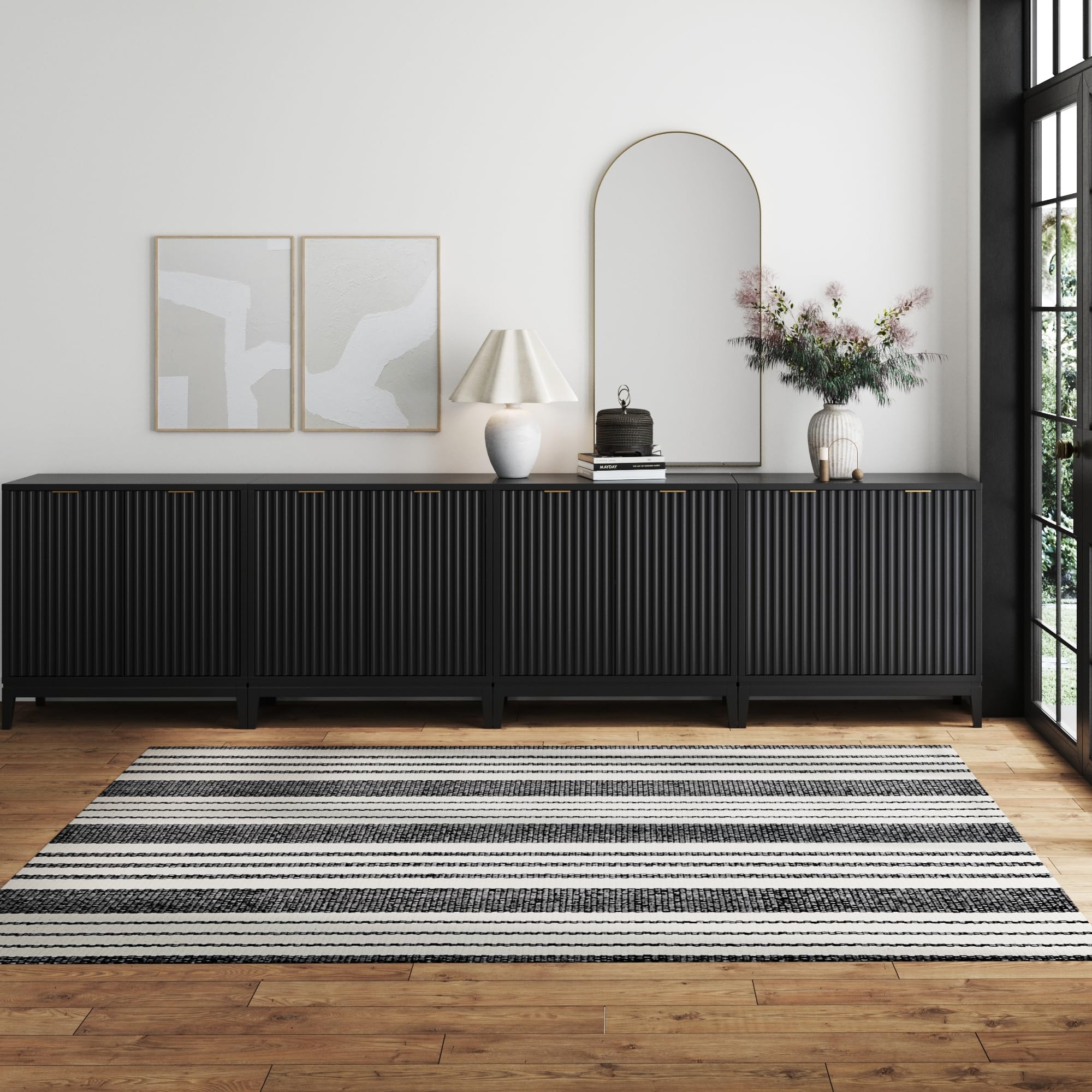 Nathan James Jasper Modern Sideboard, TV Stand with Fluted Doors, Accent Storage for Kitchen or Living Room, Black Oak, Set of 4