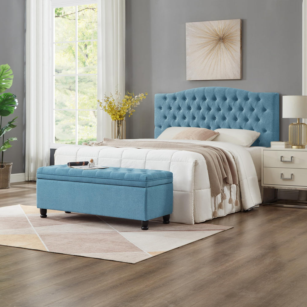 ACQCA Upholstered Ottoman with Storage,Entryway Bench with Tufted Buttons and Spindle Wooden Legs for Living Room,Bedroom,Light Blue