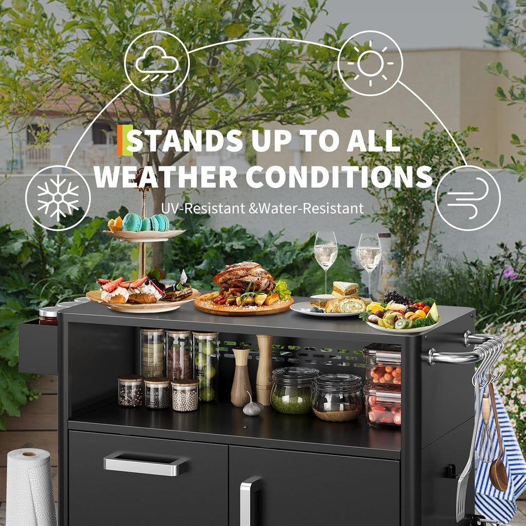 Mobile Outdoor Kitchen Cart - Premium Stainless Steel Prep Table with Single Door & Dual Drawers - Rolling BBQ Station w/ 2 Locking Wheels for Grilling & Serving