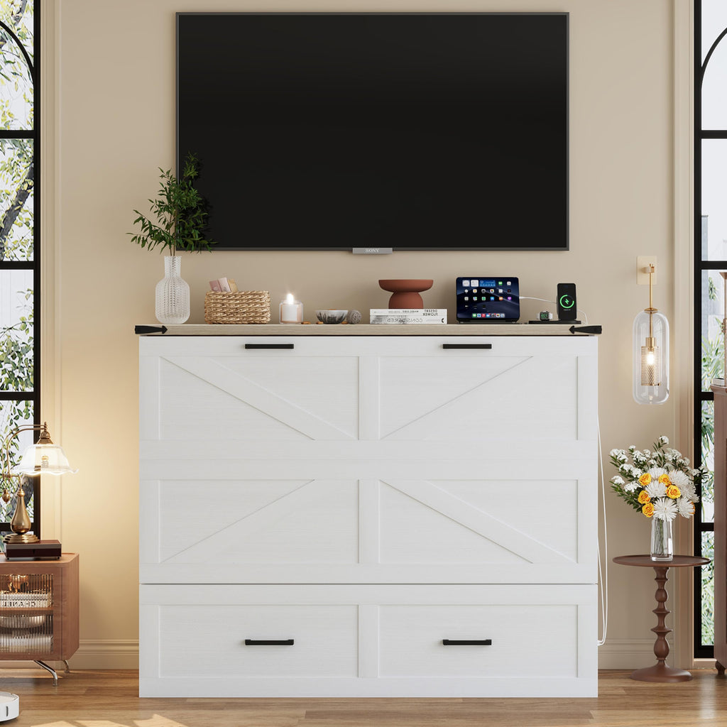 Ball & Cast Murphy Bed Full Size with Charging Station,Farmhouse Murphy Cabinet with Large Storage Drawer,Hideaway Bed Foldable Platform Bed for Guest Room, Apartment, White