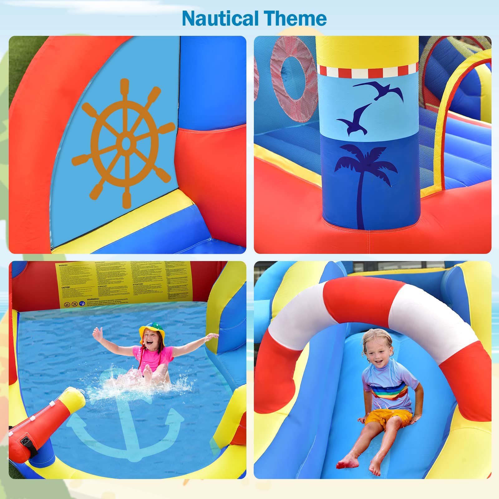 OLAKIDS Inflatable Water Slides, Nautical Themed Bouncy House with Slide, Splash Pool, Climbing Wall, Water Gun, Outdoor Jumping Castle with Hose, Carry Bag, Repairing Kit, Stakes