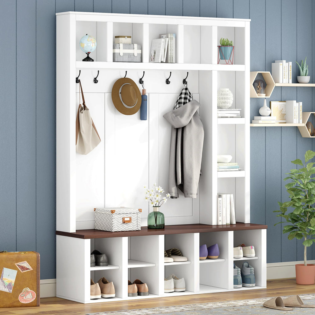 Merax Hall Tree with Bench and Shoe Storage, Farmhouse Wooden Coat Rack with 6 Hooks, Built-in 18 Open Compartments, for Entryway, Living Room, White